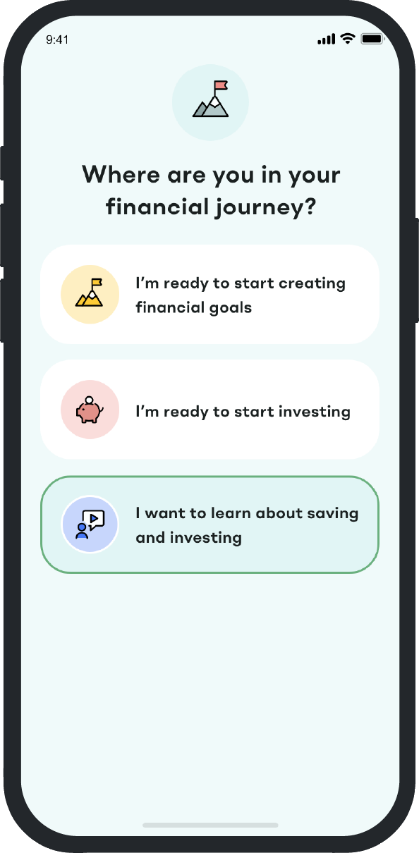 Screenshot of the "I want to learn about saving and investing" section on the Investly app